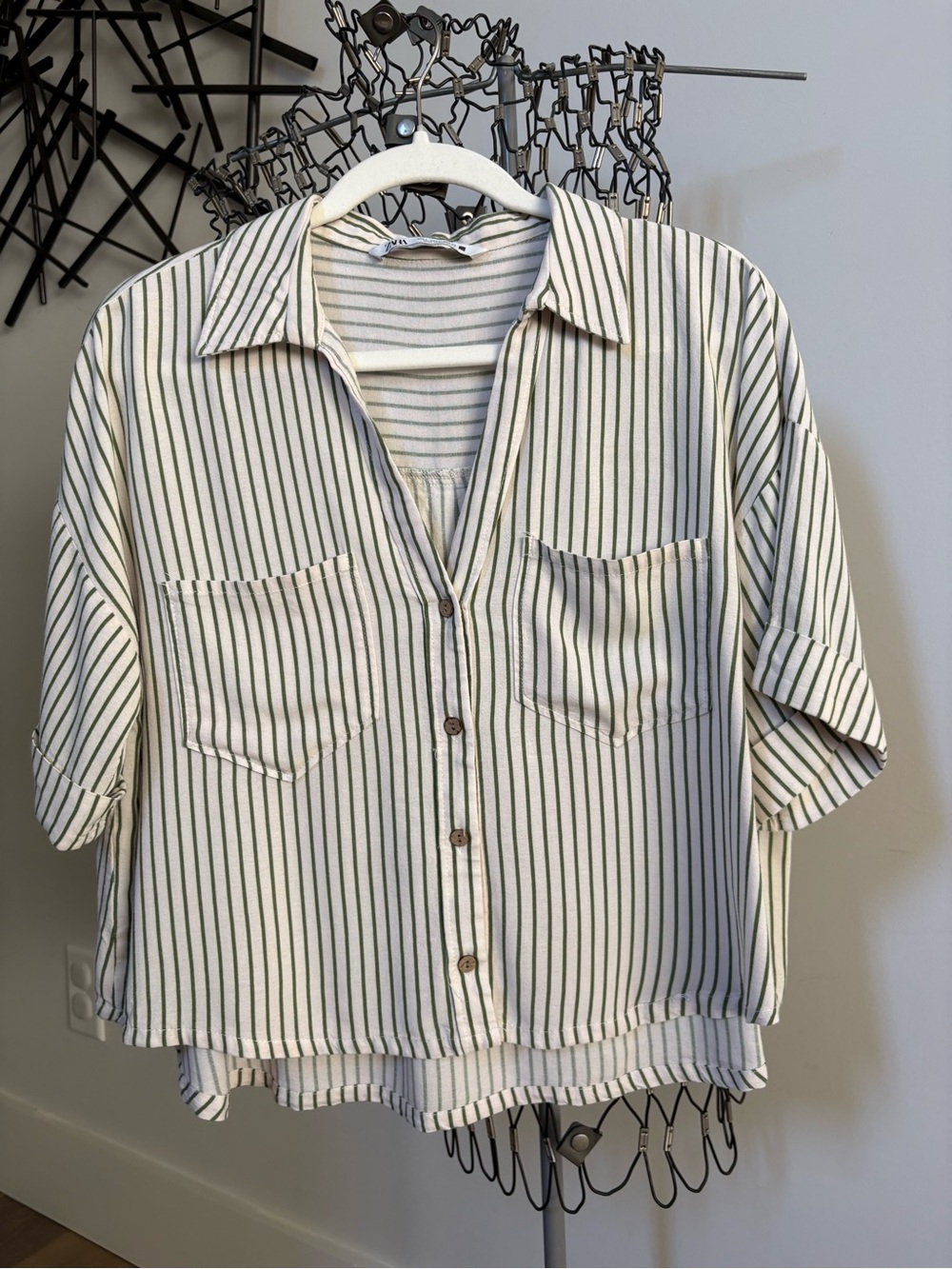 Zara Linen Blend Women’s Striped Button-Front Boxy Shirt - Cream & Olive Stripes